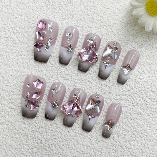 Coffin Press-On Nails – Pink to Grey Gradient with Crystals & Metallic Charms, Sweet & Glam Baddie Style, Handmade Luxury Nail Set(219)