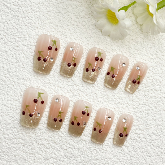 Long Coffin Press-On Nails – Nude Pink Gradient with Hand-Painted Cherries, Gold Glitter & Rhinestones, Summer Sweet Cherry Style, Handmade(220)