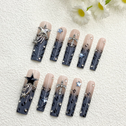 Long Coffin Press-On Nails – Nude to Black Gradient with Stars, Crosses, Rhinestones & Leopard Print, Sweet-Dark Glam Handmade Set(223)