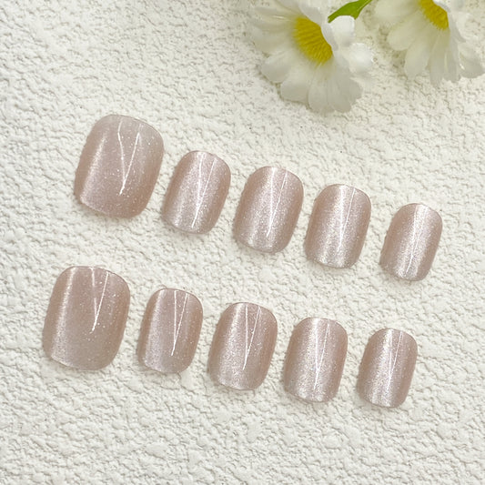 Short Square Press-On Nails – Nude Pink Cat-Eye Finish, Minimalist Elegant Style, Handmade Daily Wear Nail Set(224)