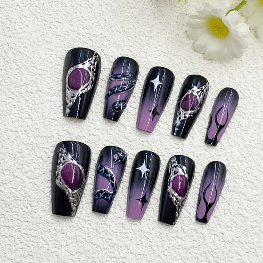 Coffin Press-On Nails – Black to Purple Gradient with Snake, Moon & Star Art, Mystical Gothic Vibes, Handmade Set(225)