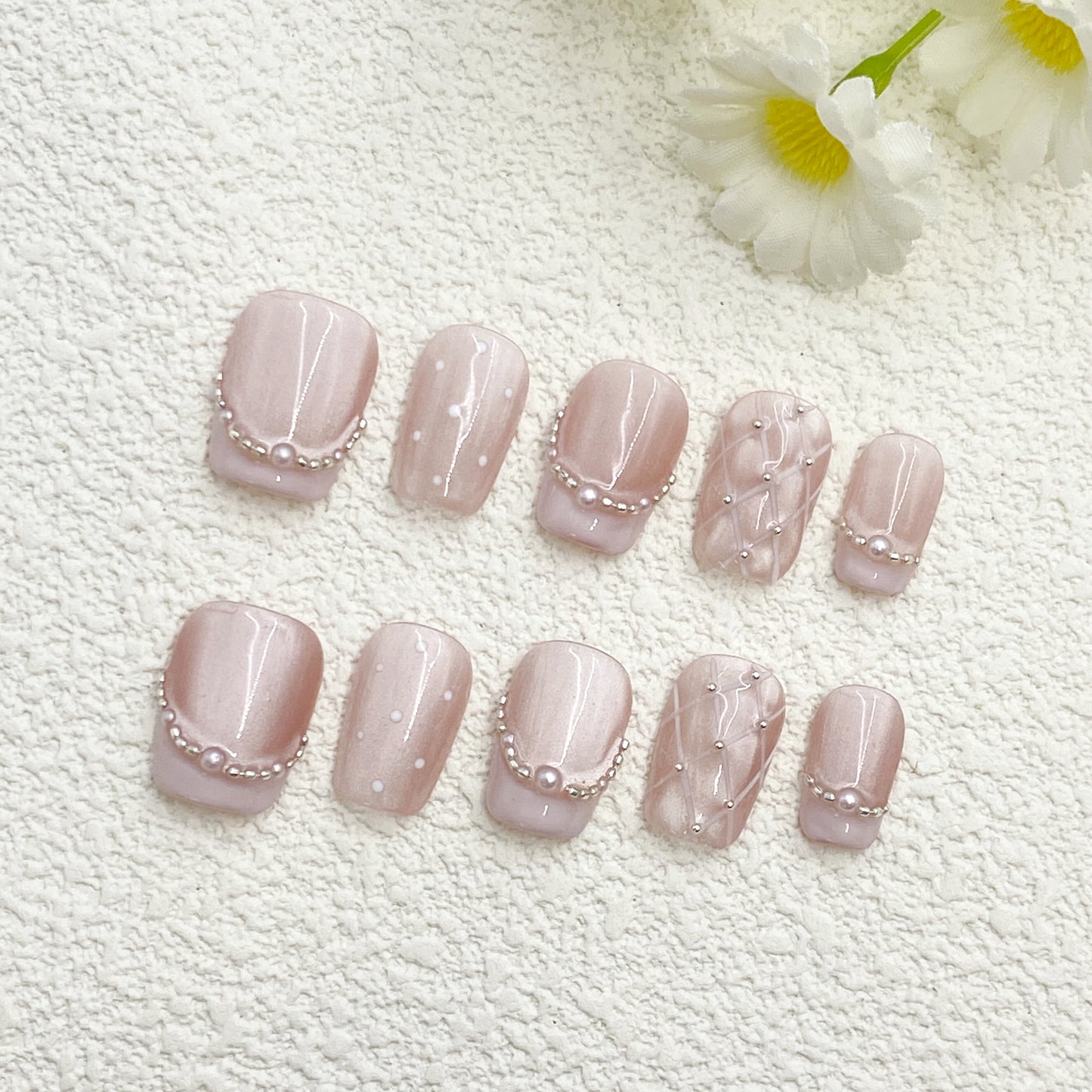 Short Square Press-On Nails – Nude Pink Cat-Eye with Pearls, Gold Accents & White Polka Dots, Sweet Elegant Handmade(226)