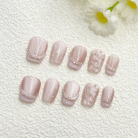 Short Square Press-On Nails – Nude Pink Cat-Eye with Pearls, Gold Accents & White Polka Dots, Sweet Elegant Handmade(226)