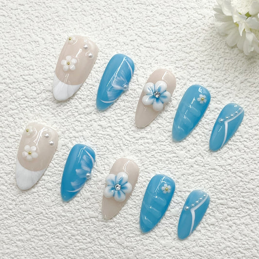 Cute Floral Press On Nails – Pink and Blue with 3D Blossoms, Bow Charms & Sparkle Details（228）