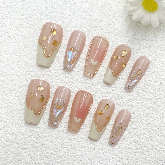 Nude Pink Press On Nails – Gradient with Gold Foil, Hearts & Letter Accents for a Sweet Romantic Look（229）