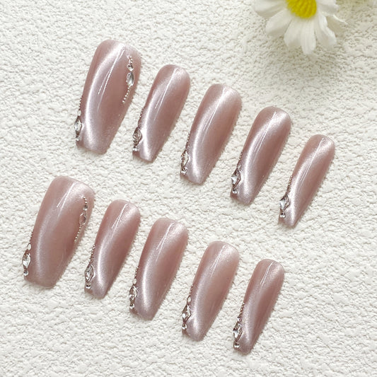 Elegant Press On Nails – Soft Pink with Fine Glitter & Silver Gems, Perfect for Parties & Events（230）