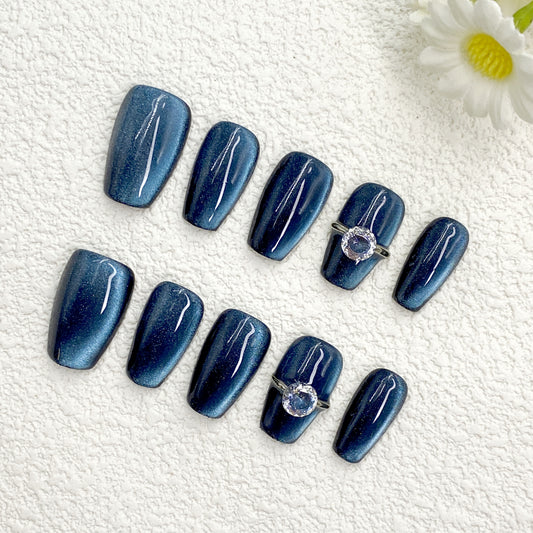 Starry Night Press On Nails – Navy Blue Ombre with White Sparkle & Glam Rhinestone Accents(231)
