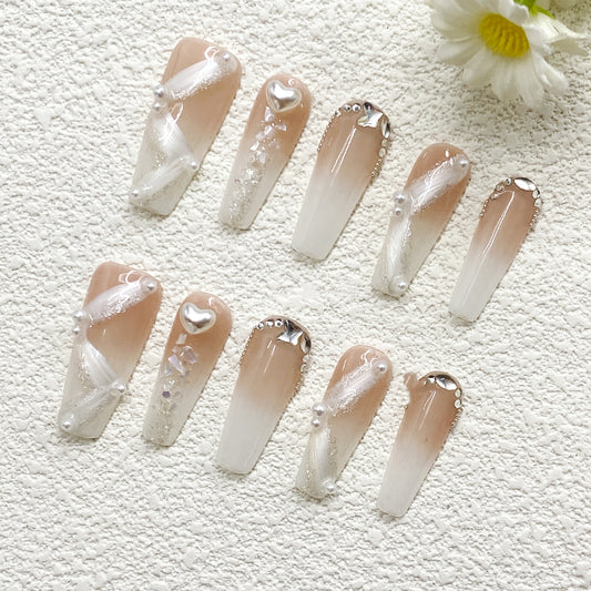 Romantic Pink Ombre Press On Nails – Pearl, Heart & Ribbon Accents with Glitter Shine(232)
