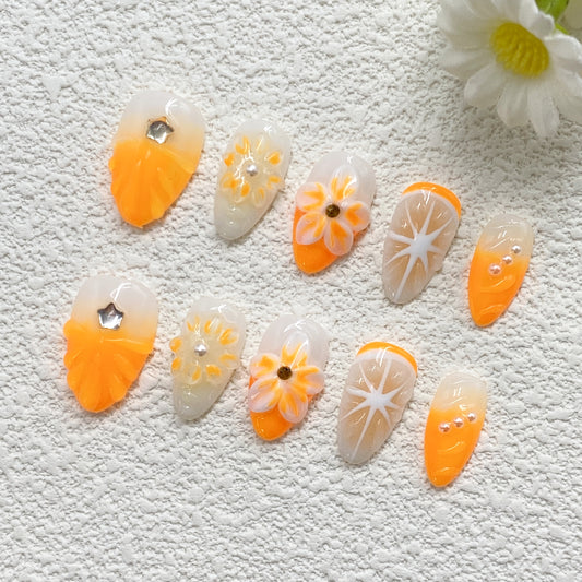 Cute Floral Press On Nails – Orange & Cream Gradient with Flowers, Rhinestones & Star Accents(233)