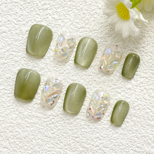 Fresh Mint Green Press On Nails – Colorful Transparent Patterns for a Natural Spring Look(234)