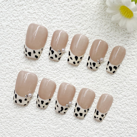 Cute Nude Pink Press On Nails – Black & White Cow Print Tips with Sparkling Rhinestones(235)