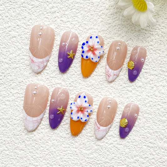 Handmade Reusable Press On Nails – Pastel Pink, Purple & Orange with Pearls, Starfish & Floral Accents(236)