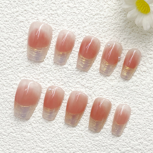 Elegant Peach Pink Press On Nails with Gold Tip Detailing – Sophisticated & Feminine(238)