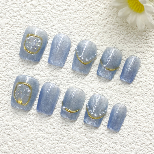 KETOR Handmade Light Blue Press On Nails – Reusable Glitter Fake Nails with Gold Lines & Rhinestone Accents for Elegant Looks（239）