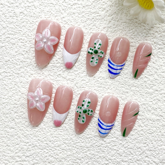 KETOR Cute Pink Press On Nails – Handmade Reusable Fake Nails with Floral Designs, Hearts & Minimalist Lines（241）