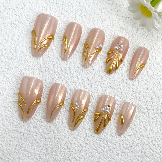 KETOR Elegant Pink Press On Nails – Handmade Reusable Nails with Gold Lines, Pearls & Rhinestone Details（246）