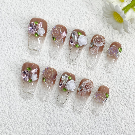 KETOR Nude Pink Gradient Press On Nails – Handmade Reusable Nails with 3D Roses, Purple Rhinestones & Crystal Accents（250）