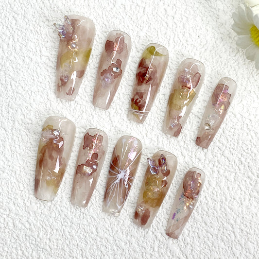 KETOR Handmade Fairy Pink Press On Nails – Romantic 3D Floral & Butterfly Design with Glitter & Rhinestones for Parties & Dates（252）