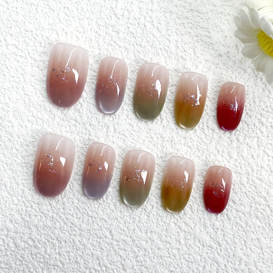 KETOR Gradient Press On Nails – Colorful Ombre Fake Nails with Glitter & White Line Design for Daily Wear & Casual Looks（253）