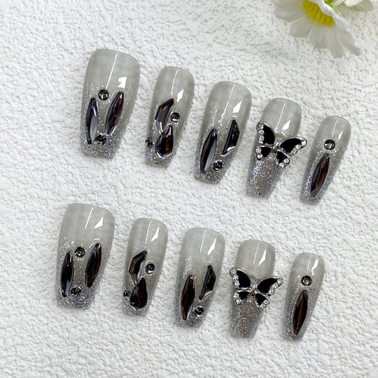 KETOR Grey Gradient Press On Nails – Long Tapered Glam Nails with Rhinestone Butterflies & Metallic Details（256