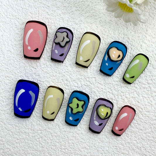 Colorful Press On Nails – Black Outlined Tips with Heart & Star Charms, Fun and Playful Design for Cute Nail Lovers（258