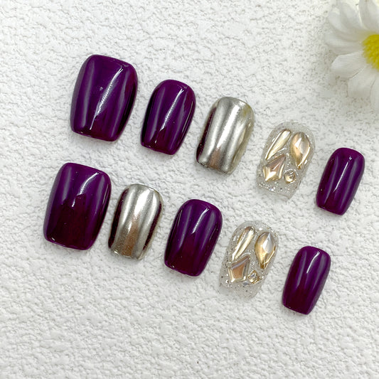 KETOR Mixed Style Press On Nails – Chrome Mirror, Gold Glitter & Wine Red Design for Party & Glamorous Nights（260