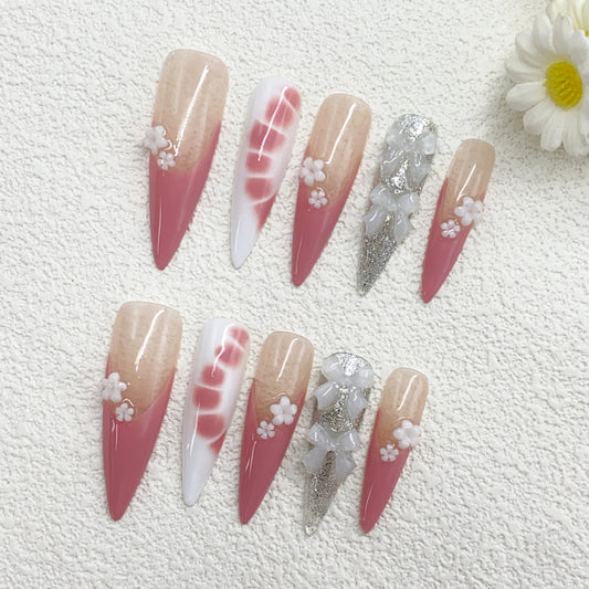 Sweet Glam Press On Nails – Pink & White Ombre Stiletto Tips with 3D Flowers, Silver Glitter & Clear Butterfly Charms（261