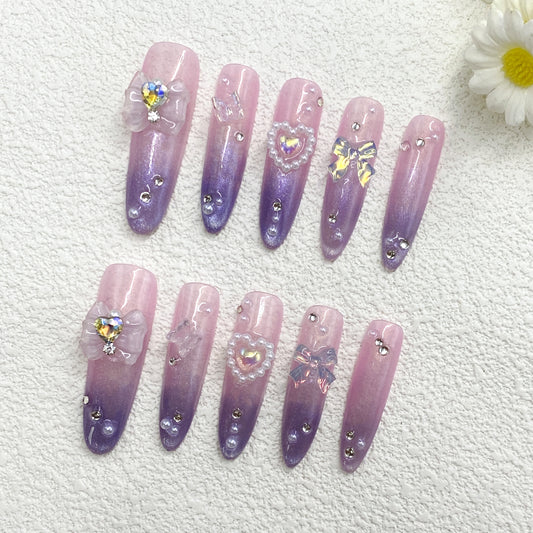KETOR Purple Gradient Long Stiletto Nails – Sparkling Rhinestones, Butterfly Bows & Pearl Hearts, Sweet & Cute（262