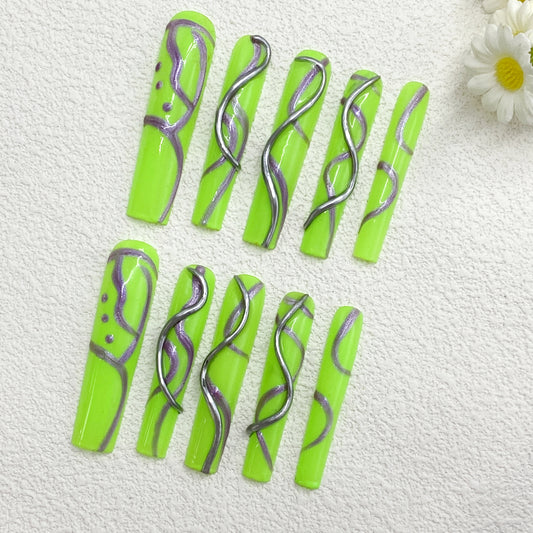 Long Stiletto Press-On Nails – Fluorescent Green Base with Silver & Purple Line Art, Bold Trendy Handmade Set(263)
