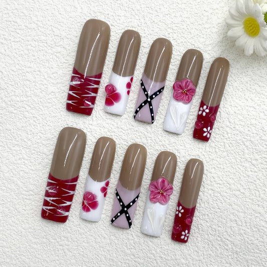 Long Coffin Press-On Nails – Brown Base with Red & White Color Block, 3D Flowers & Polka Dot Lines, Sweet Retro Handmade Set(264)