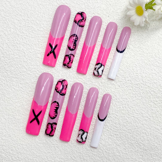 Neon Pink Press-On Nails with Black Butterfly & ‘X’ Designs – Bold, Edgy Party Style”（267）