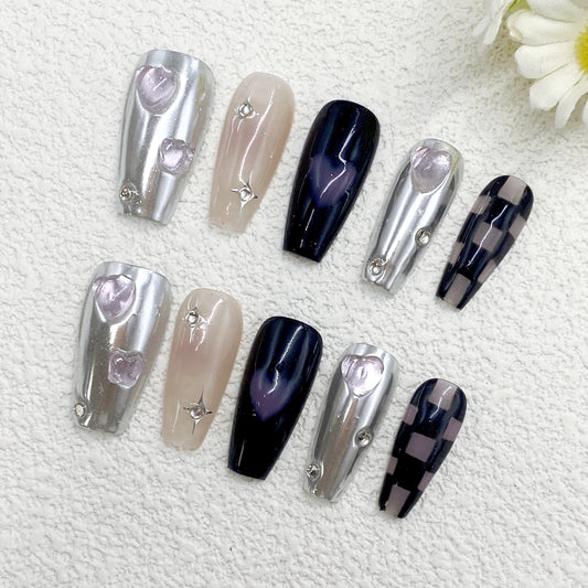 Silver, Nude Pink and Black Press-On Nails with Hearts, Rhinestones & Checkerboard（269）
