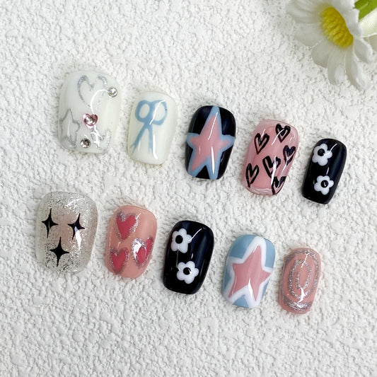 Colorful Cute Press-On Nails with Stars, Hearts, Flowers & Candy（271）