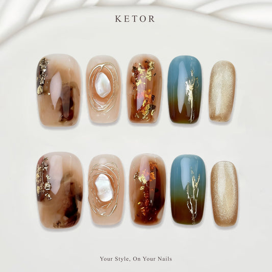 Amber & Pearl: Beige & Teal Press-On Nails with Gold Foil Accents（326）