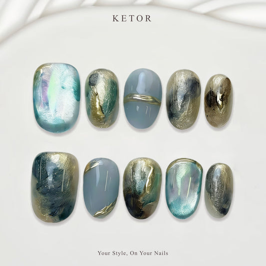 Aqua Opal: Teal & Grey Press-On Nails with Gold Foil Accents（328）