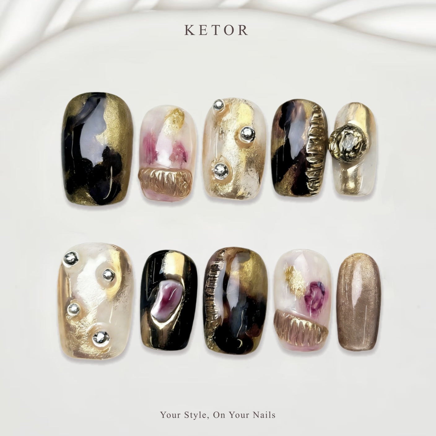 Amber Geode: Beige & Black Press-On Nails with Gold Foil & Gem Accents（337）