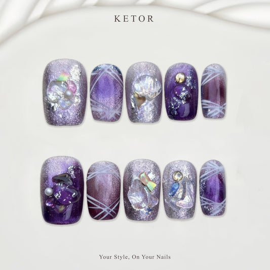 Amethyst Geode: Purple & Silver Press-On Nails with Crystal & Pearl Accents（338）