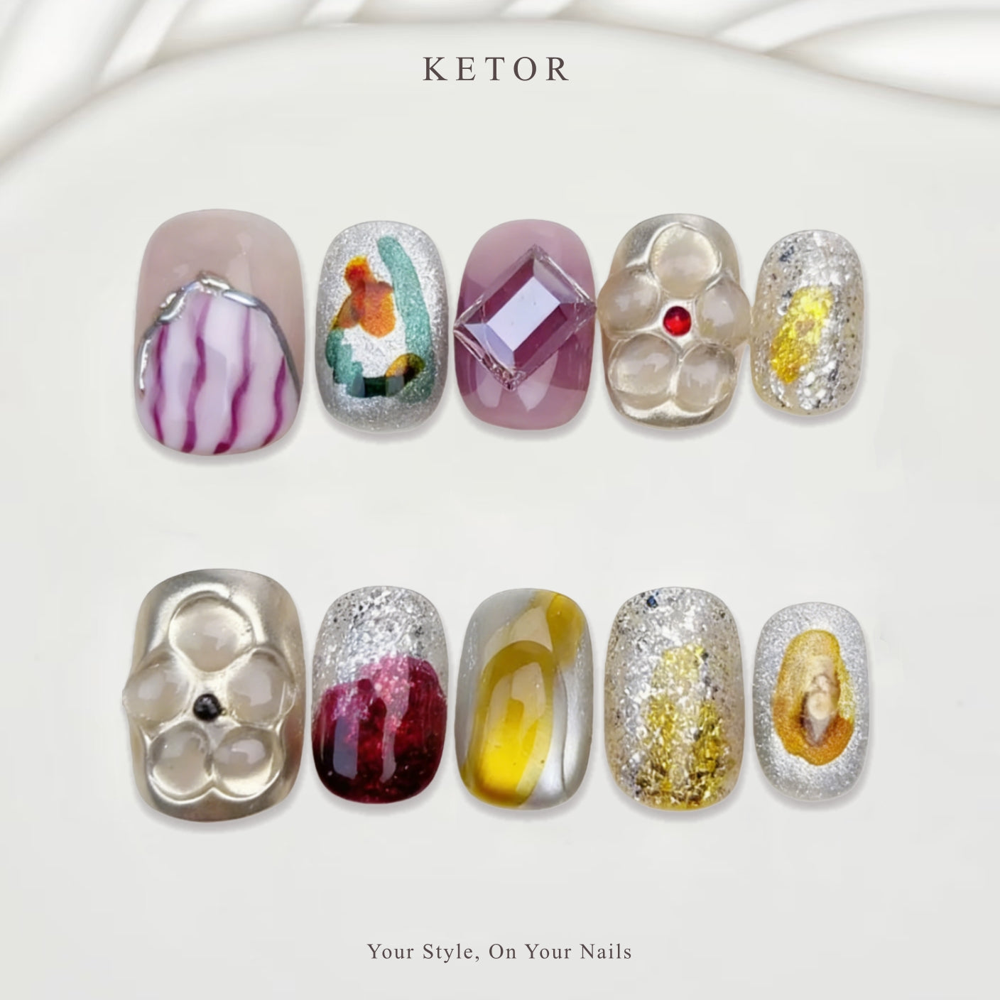 Abstract Art Gem: Multi-Tone & Silver Press-On Nails with Bubble & Gold Foil Accents(345)