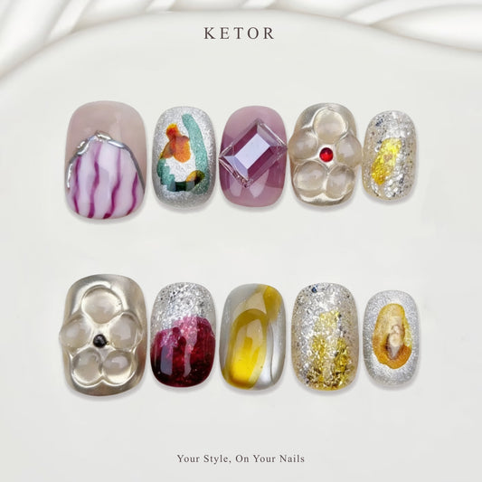 Abstract Art Gem: Multi-Tone & Silver Press-On Nails with Bubble & Gold Foil Accents(345)