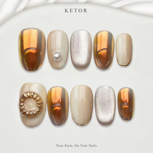 Amber Halo: Amber & Beige Press-On Nails with Pearl & Gold Accents（360）