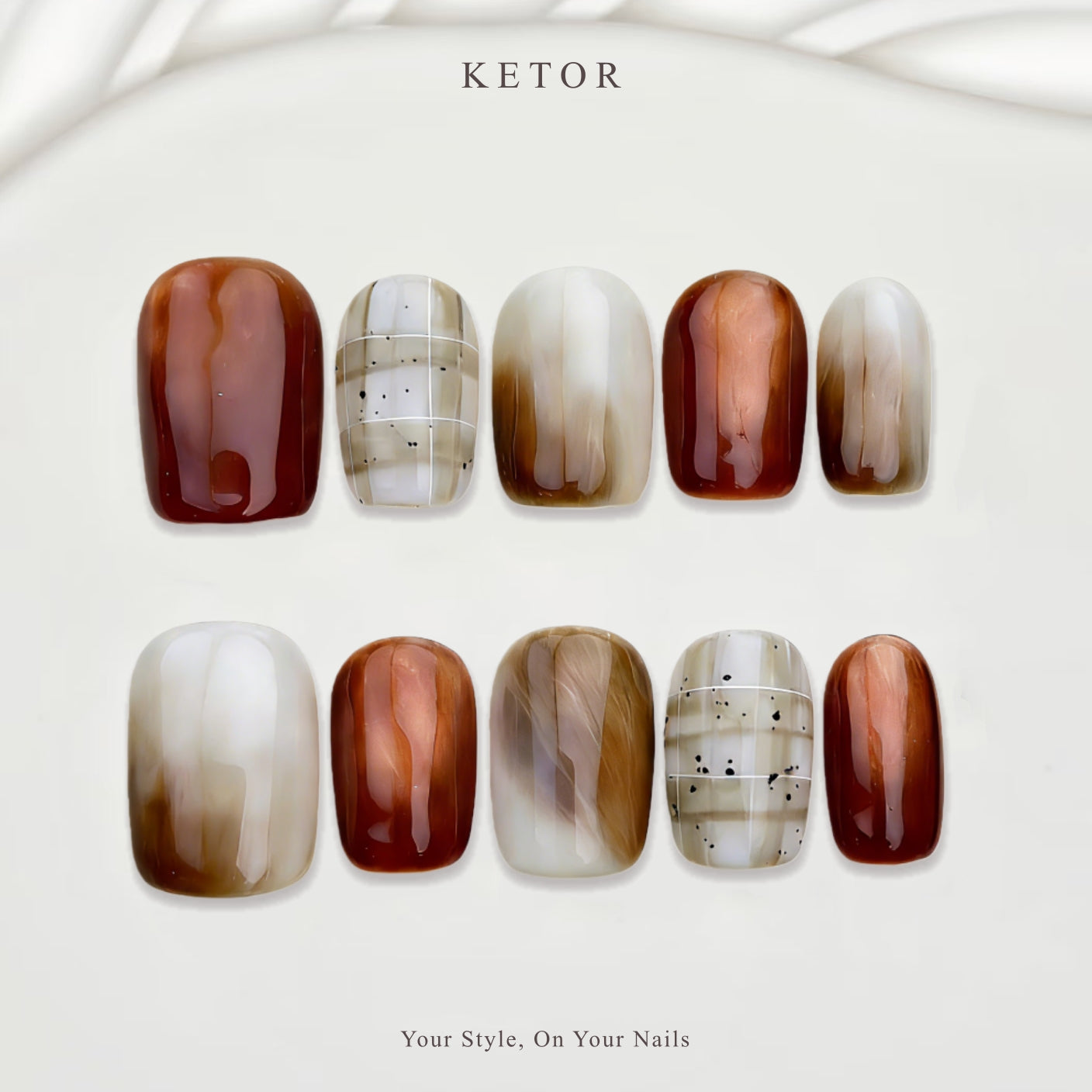 Amber Plaid: Amber & Cream Press-On Nails with Marble & Plaid Accents（377）