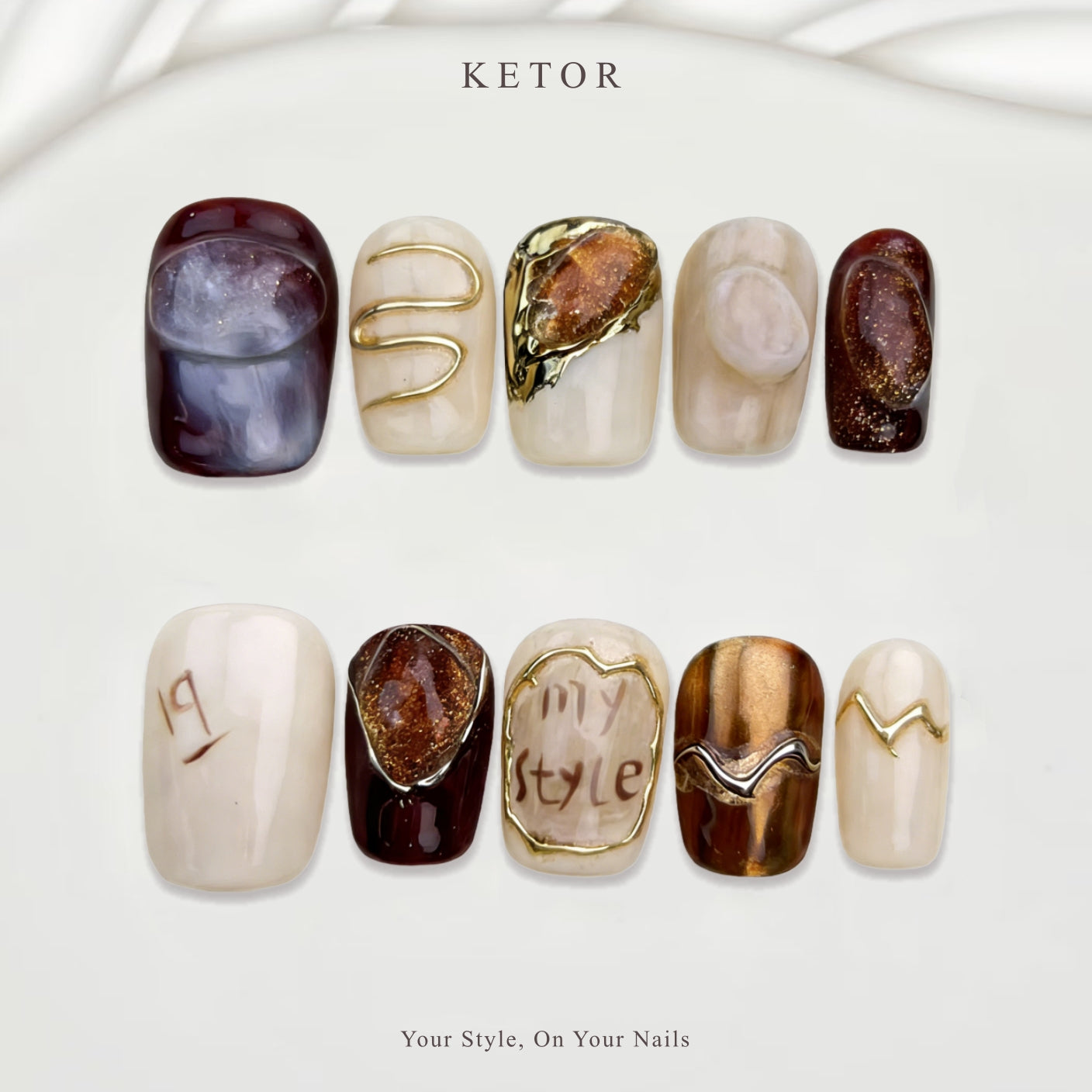 Amber Style: Amber & Gold Press-On Nails with Marble & Text Accents（380）