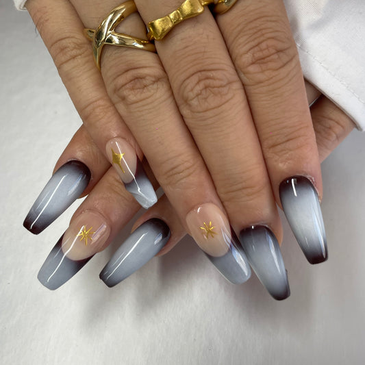 Mystical Glam Long Nails – Gradient with Gold Celestial Design（K40）