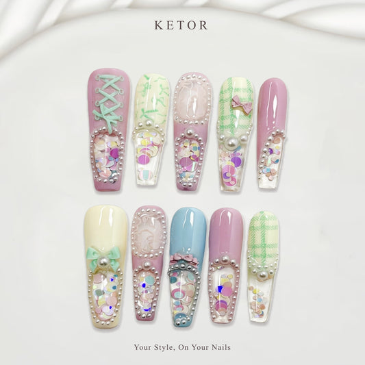 Pastel Confetti: Pastel & Charm Press-On Nails with Bow & Lace-Up Accents（414）