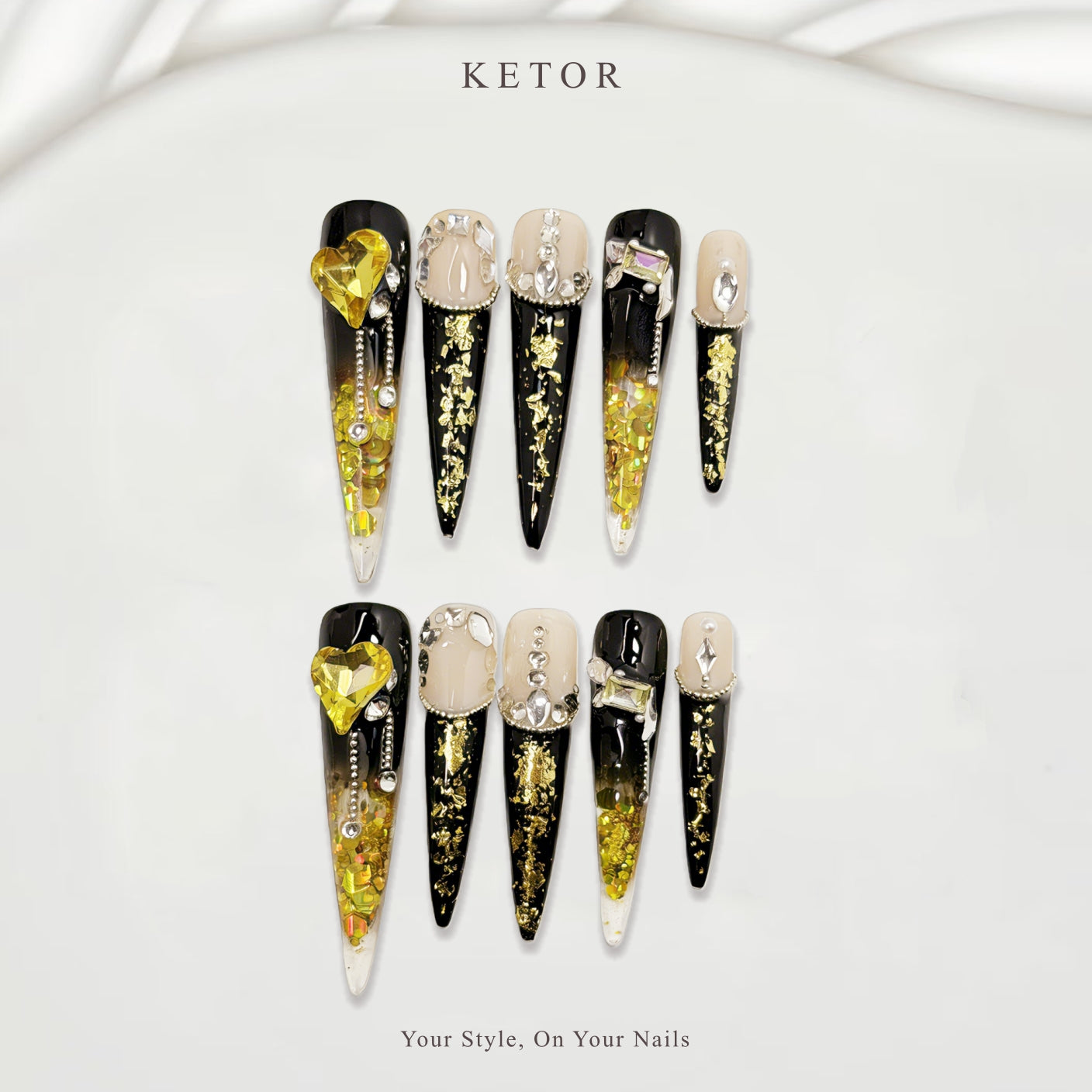 Heart & Foil: Black & Nude Ombre with Gem & Gloss Details（415）