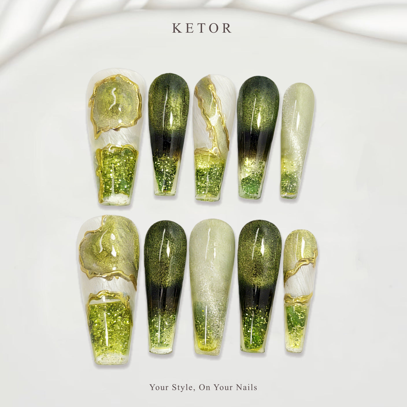 KETOR | Verdant Luxe: Luxury Olive Nail Art with Gold, Foil & Glitter Embellishments（417）