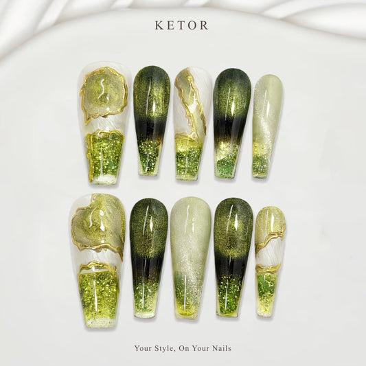 KETOR | Verdant Luxe: Luxury Olive Nail Art with Gold, Foil & Glitter Embellishments（417）