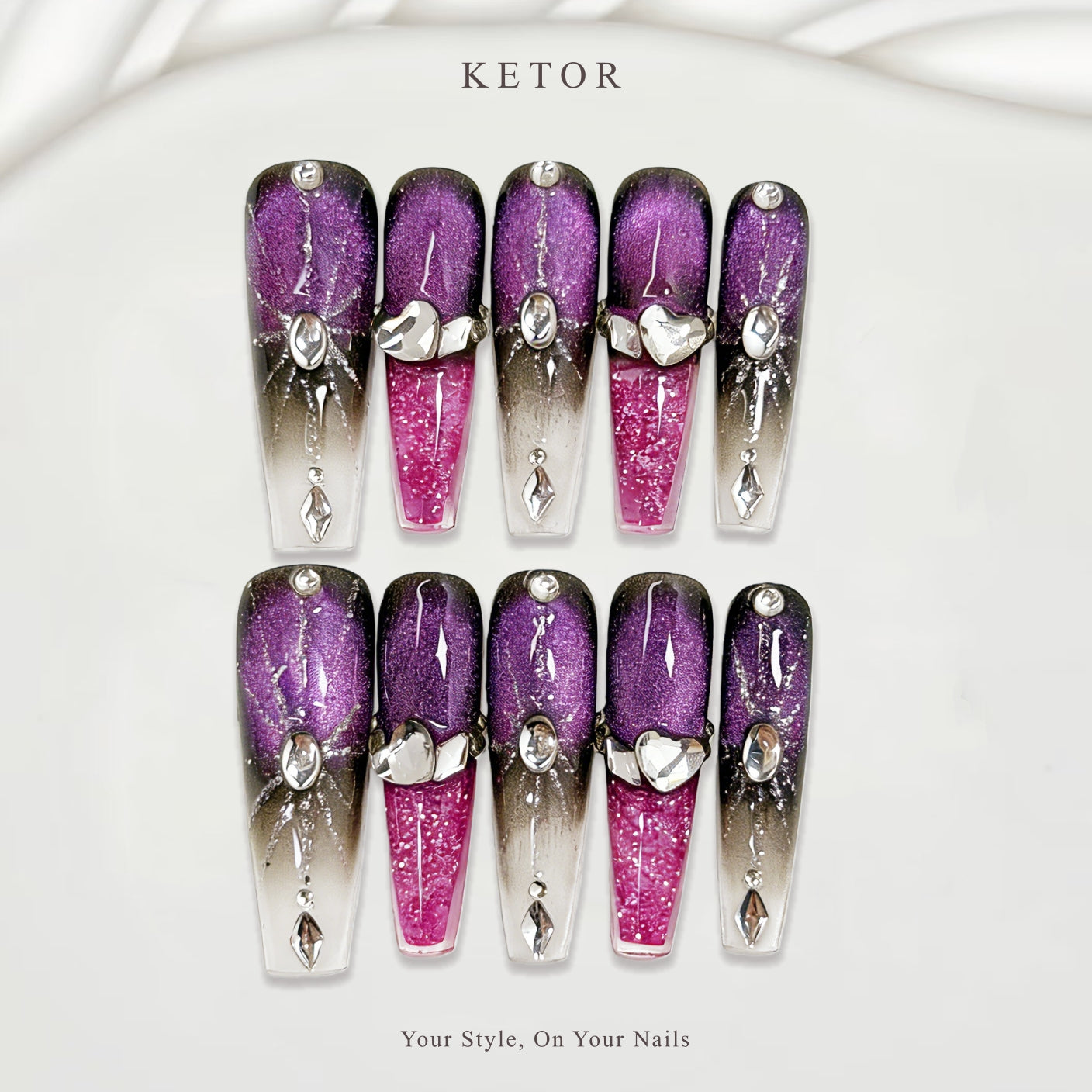 Purple Spiderweb: Purple & Chrome Press-On Nails with Heart & Gem Accents（418）