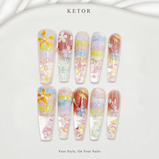 Pastel Confetti Garden: Clear & Multi-Color Press-On Nails with Floral & Confetti Accents（419）