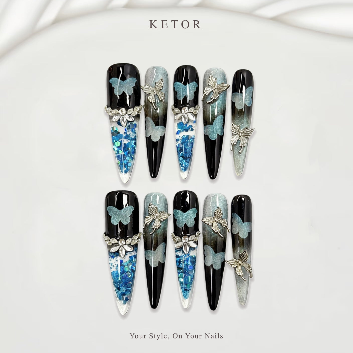 Midnight Butterfly: Black & Blue Press-On Nails with Butterfly & Glitter Accents（420）